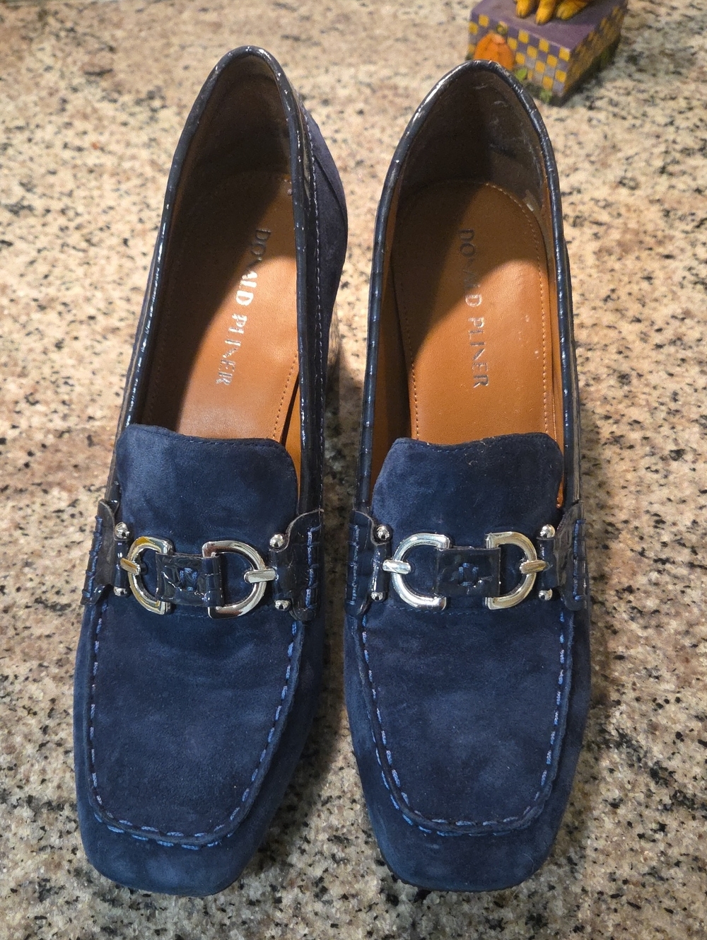 Donald J. Pliner Navy Suede Loafers with Silver-Tone Bit